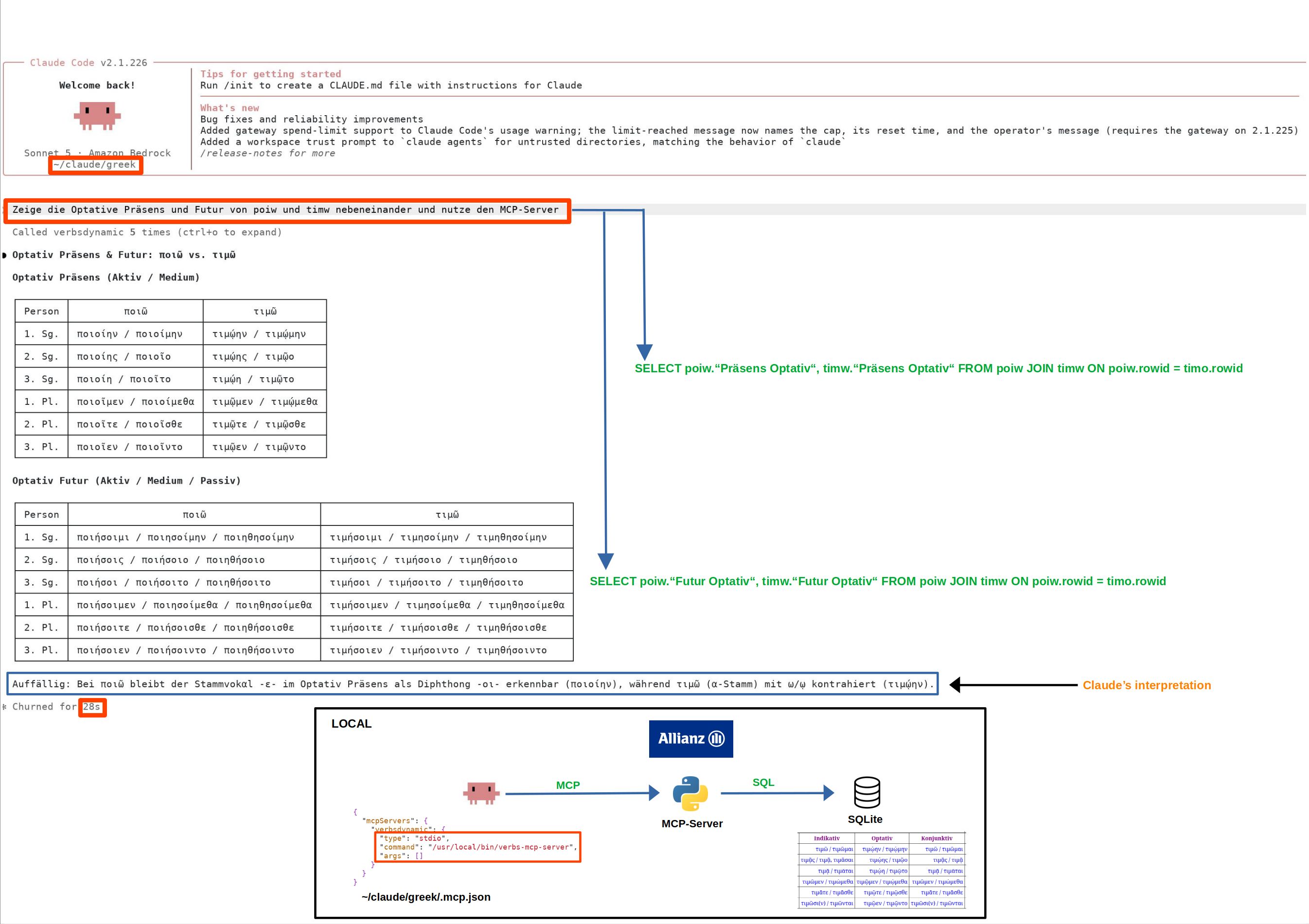 Claude Code fragt den lokalen SQLite-MCP-Server in natürlicher Sprache ab