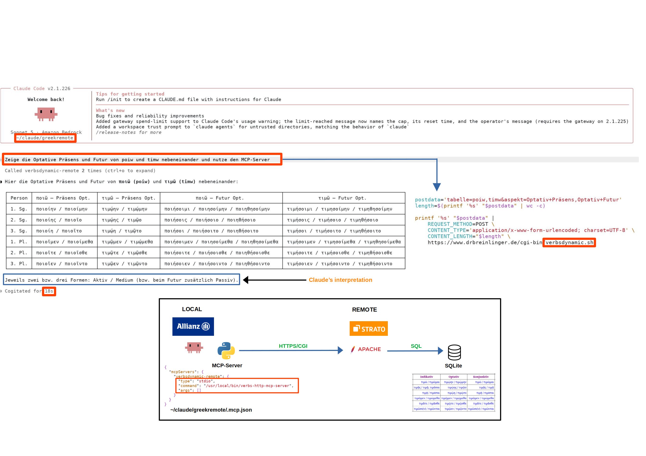 Claude Code fragt den MCP-Server mit entferntem verbsdynamic CGI ab